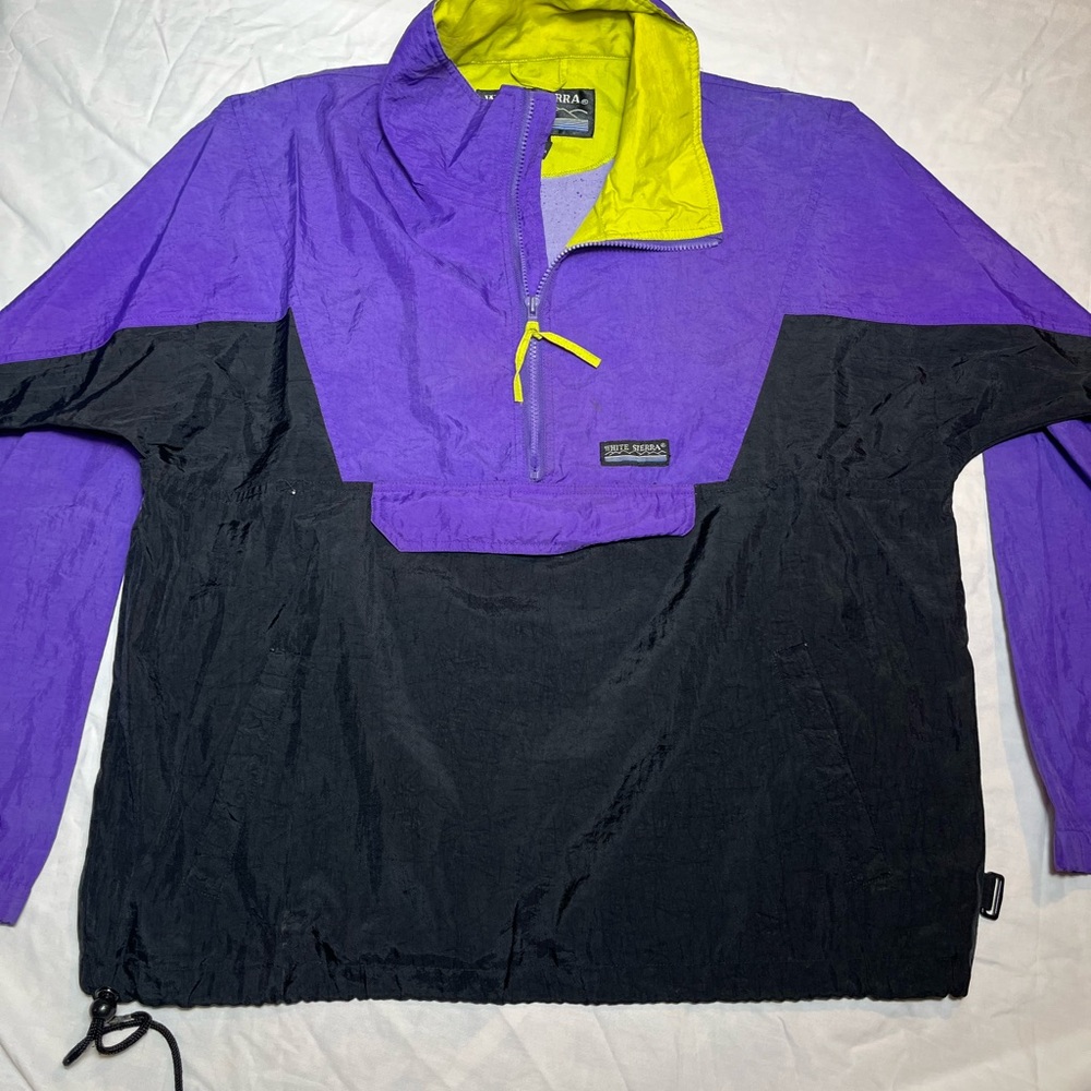 Vintage 90s White Sierra Purple and Black Half-Zip Windbreaker. Kangaroo pouch